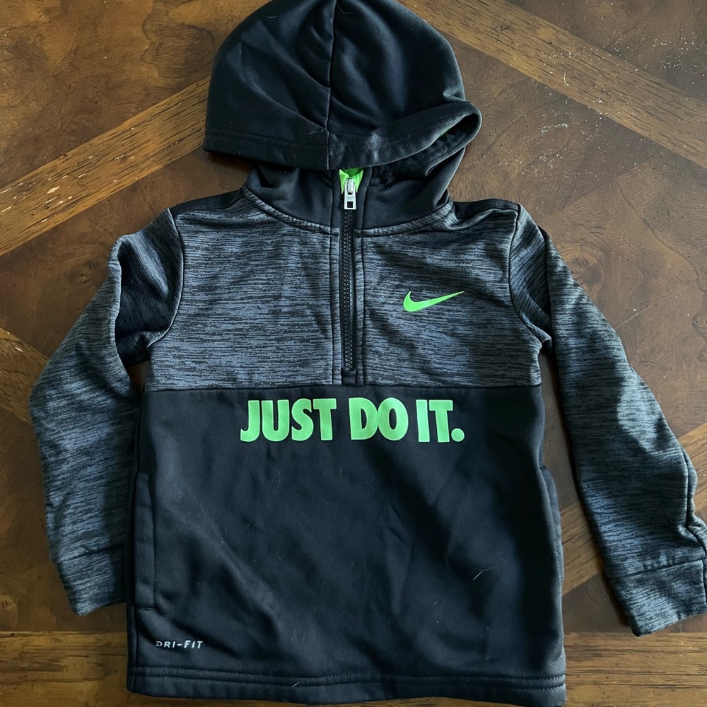 Nike Kids Gray and Black Hoodie with Green Logo